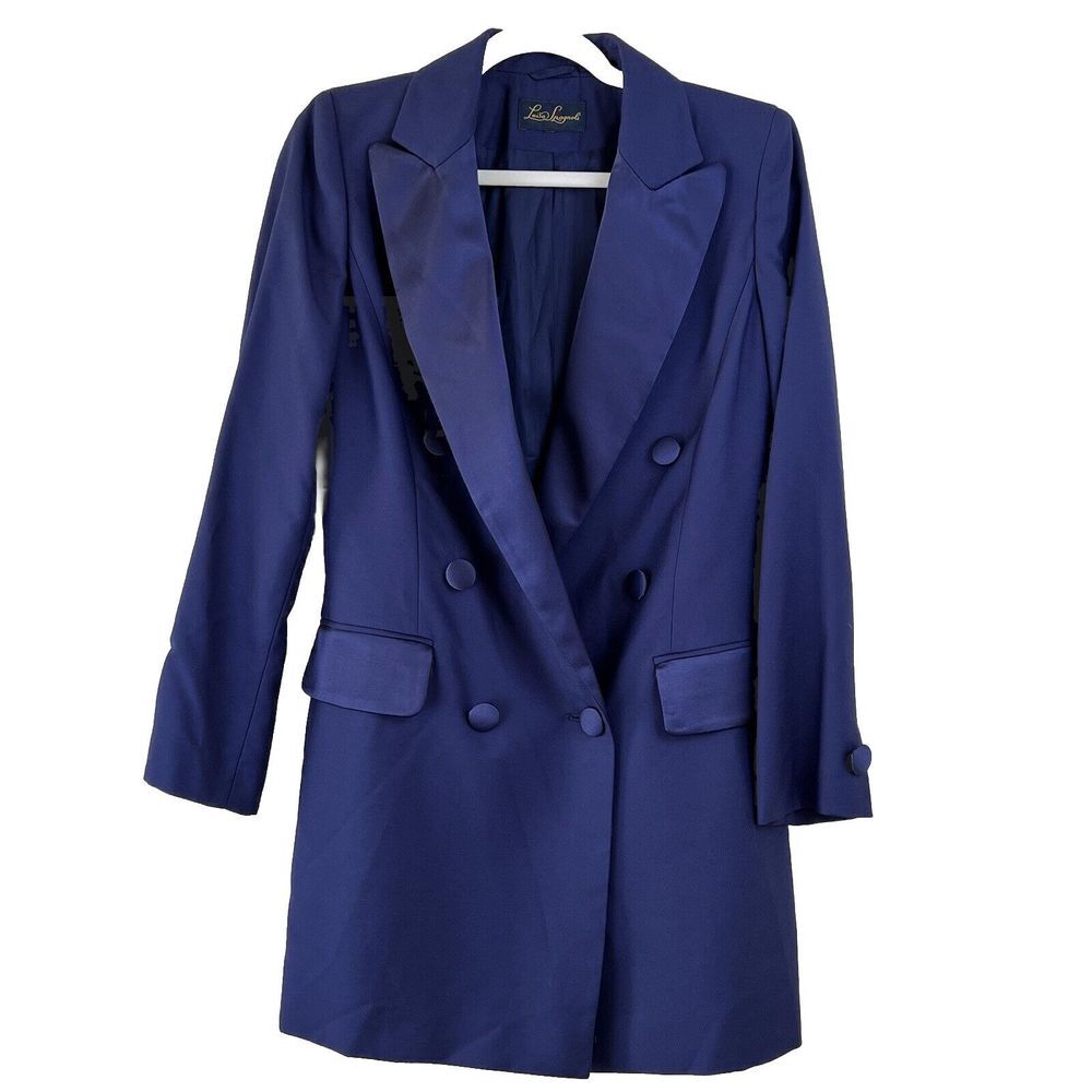 LUISA SPAGNOLI Womens 6 Double Breasted Longline Blazer Satin Lapel Blue 42‎